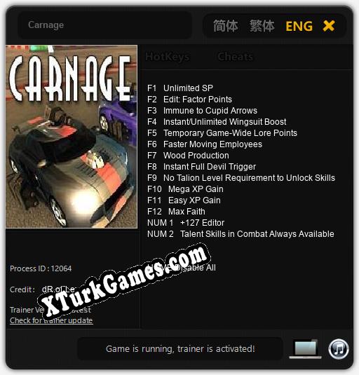 İçin Trainer’ı Çıktı Carnage [v1.0.5]