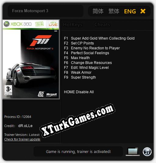 İçin Trainer’ı Çıktı Forza Motorsport 3 [v1.0.8]