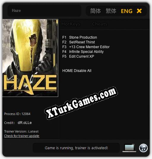 İçin Trainer’ı Çıktı Haze [v1.0.7]