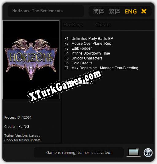 İçin Trainer’ı Çıktı Horizons: The Settlements [v1.0.8]