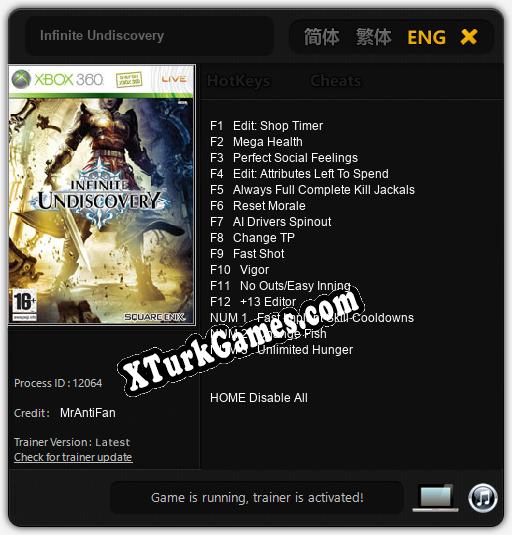 İçin Trainer’ı Çıktı Infinite Undiscovery [v1.0.3]