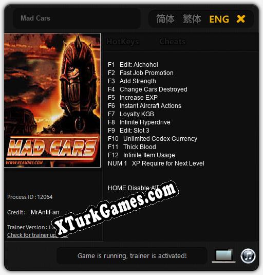 İçin Trainer’ı Çıktı Mad Cars [v1.0.9]