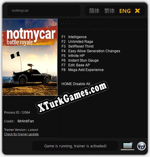 notmycar: Cheats, Trainer +8 [MrAntiFan]