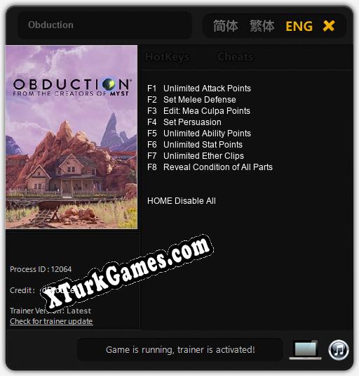 Obduction: Trainer +8 [v1.1]