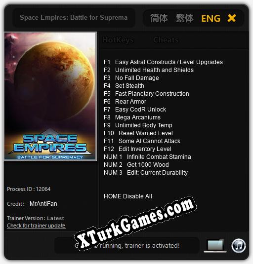 İçin Trainer’ı Çıktı Space Empires: Battle for Supremacy [v1.0.7]