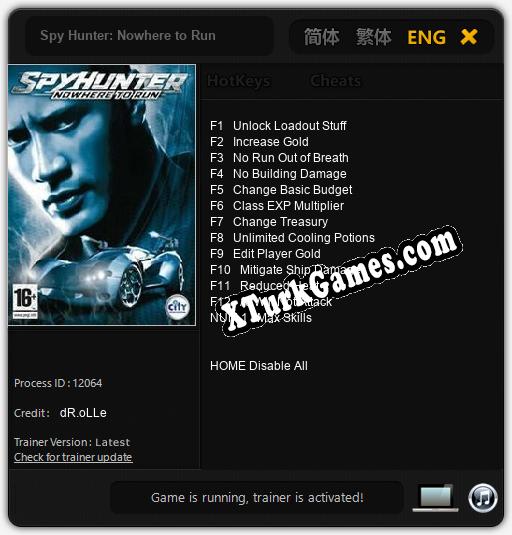 İçin Trainer’ı Çıktı Spy Hunter: Nowhere to Run [v1.0.2]