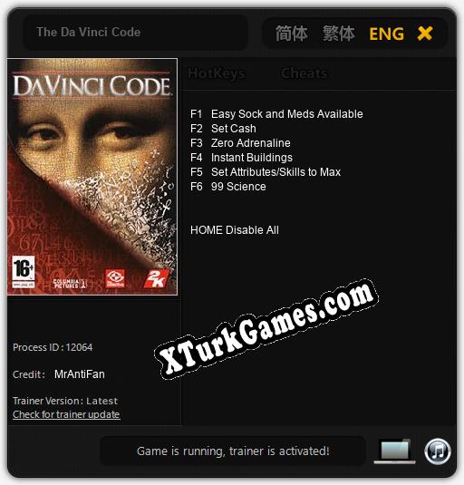 The Da Vinci Code: Trainer +6 [v1.2]
