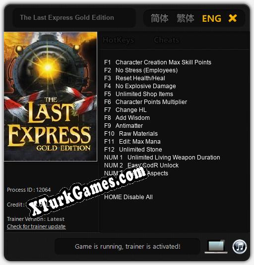 İçin Trainer’ı Çıktı The Last Express Gold Edition [v1.0.3]