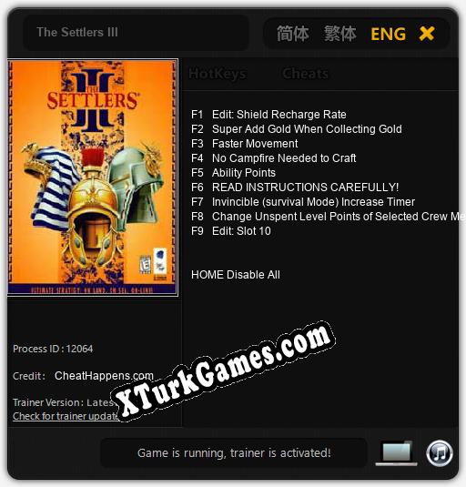 İçin Trainer’ı Çıktı The Settlers III [v1.0.2]