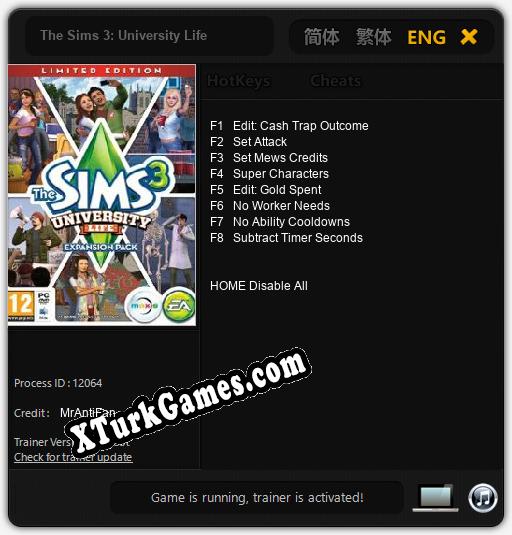 The Sims 3: University Life: Trainer +8 [v1.8]