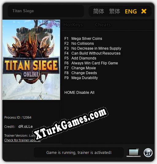 İçin Trainer’ı Çıktı Titan Siege [v1.0.3]