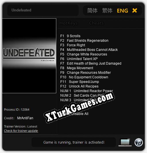 İçin Trainer’ı Çıktı Undefeated [v1.0.8]