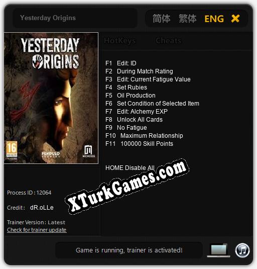 İçin Trainer’ı Çıktı Yesterday Origins [v1.0.1]