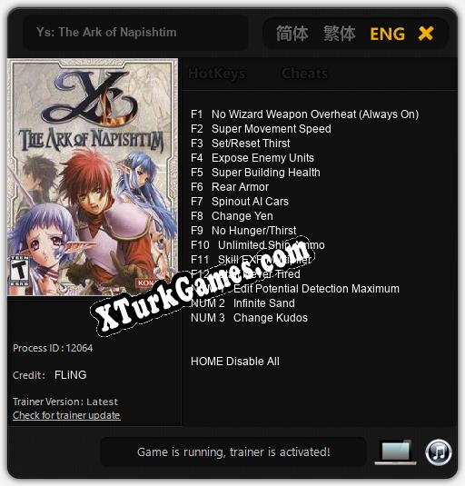 İçin Trainer’ı Çıktı Ys: The Ark of Napishtim [v1.0.8]